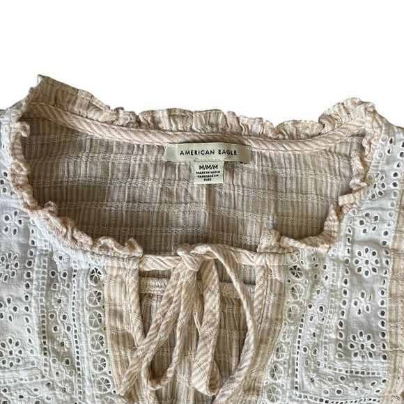 American Eagle Eyelet Tan Striped Tie Neck Long Sleeve Lace Blouse Size M - Picture 2 of 7